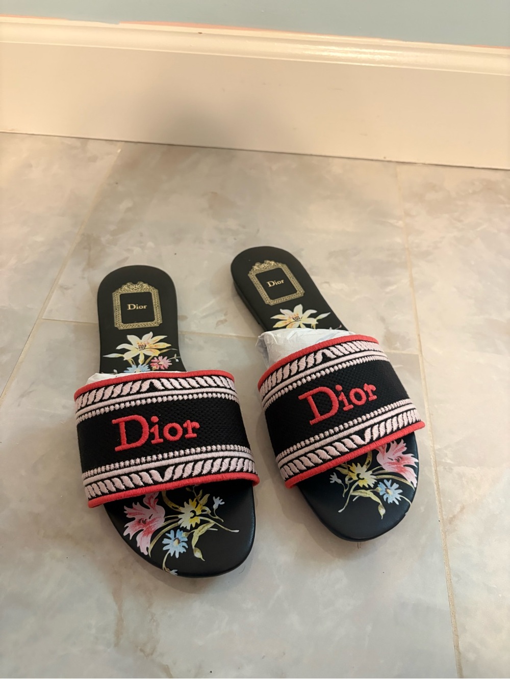 Dior Black Slides with Pink and Red Embroidered Logo